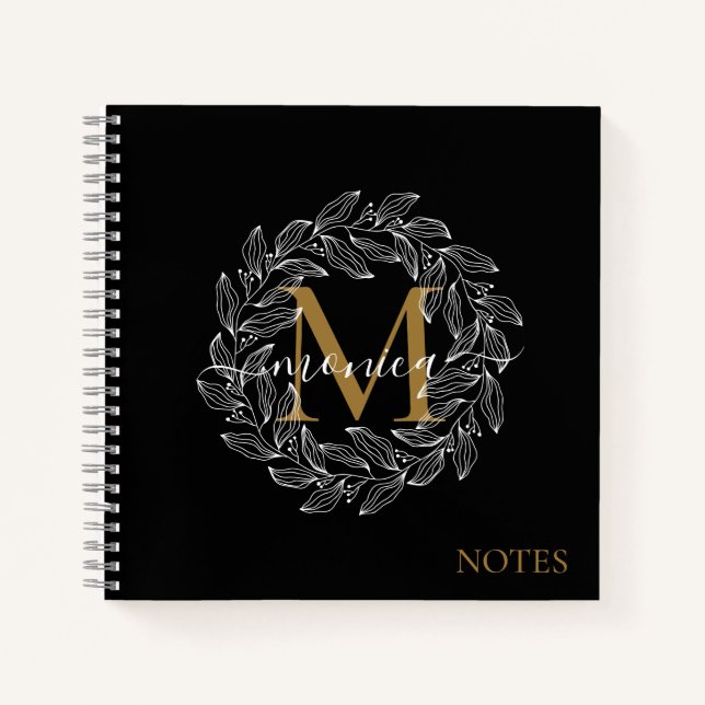 Elegant Black Girly Floral Gold Monogram Name Notebook (Front)