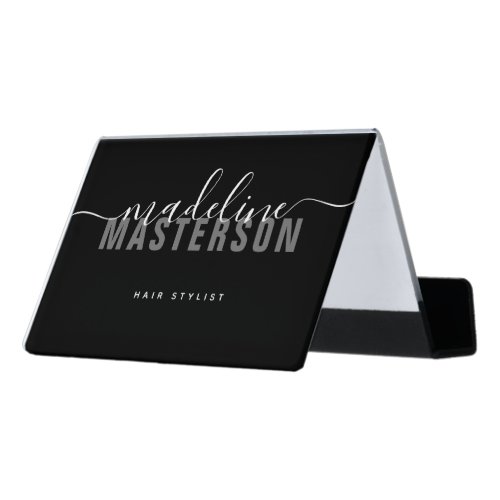 Elegant Black Girly Monogram Script Hair Stylist Desk Business Card Holder