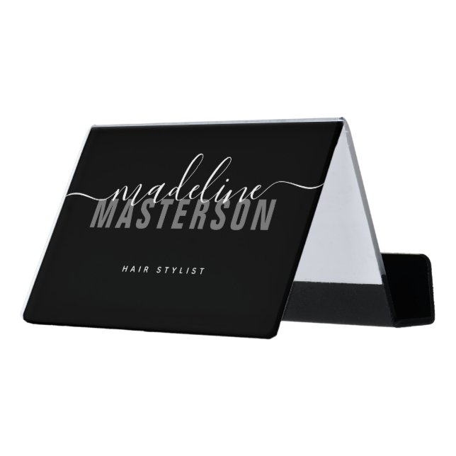 Elegant Black Girly Monogram Script Hair Stylist Desk Business Card Holder (Angled Back)