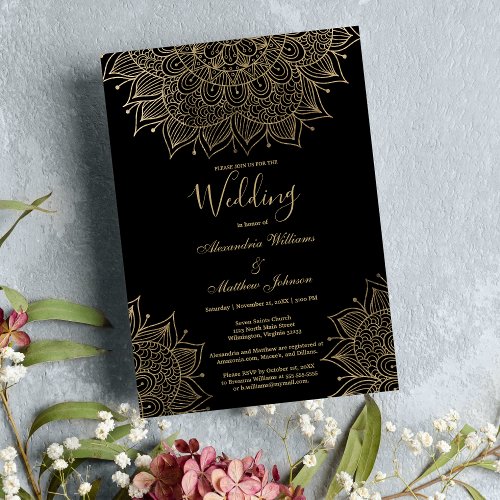 Elegant black glam gold floral mandala Wedding Invitation