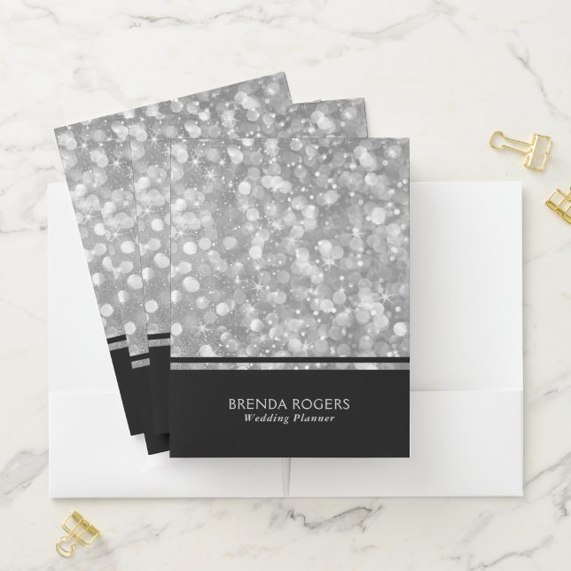 Elegant Black & Glam Silver Bokeh Glitter Pocket Folder (In Situ)