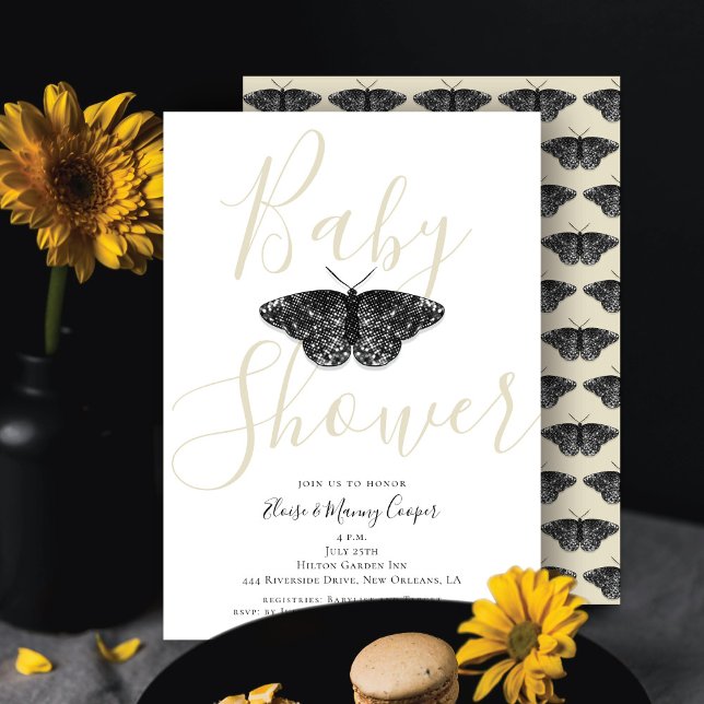 Elegant Black Glitter Butterfly Cream Baby Shower Invitation (Creator Uploaded)