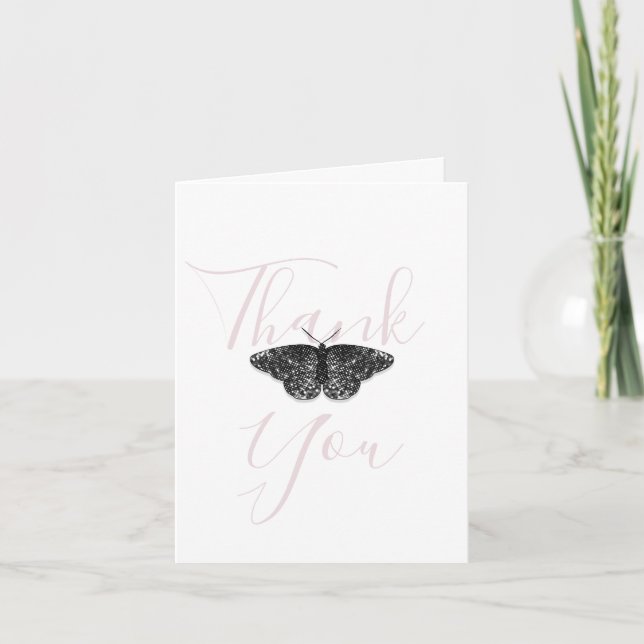 Elegant Black Glitter Butterfly Pink Folded Thank You Card (Front)