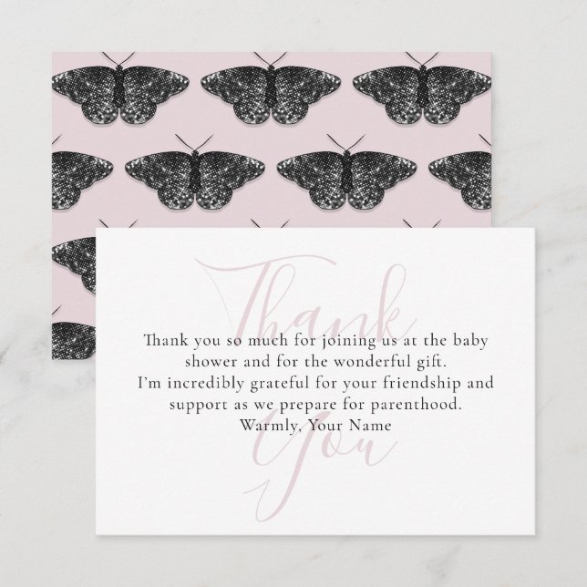 Elegant Black Glitter Butterfly Thank You Card (Front/Back)