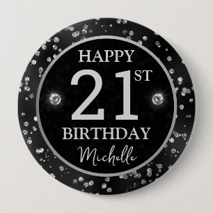 Elegant Black Glitter Diamonds Birthday Button