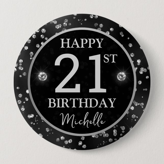 Elegant Black Glitter Diamonds Birthday Button (Front)