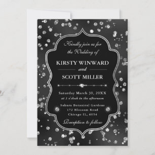 Elegant Black Glitter Diamonds Glam Wedding Invitation