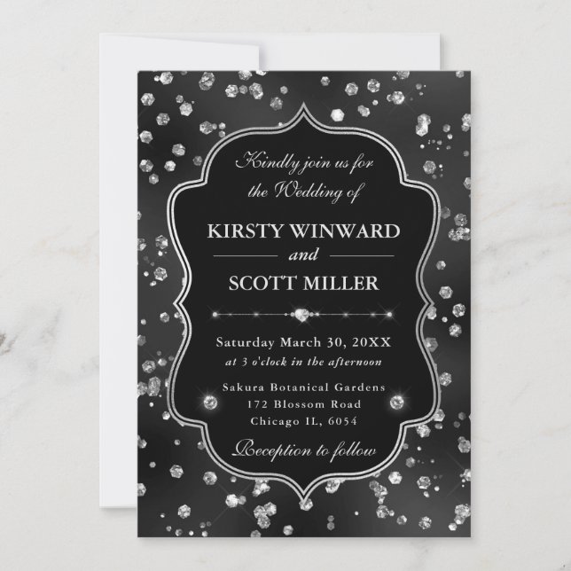 Elegant Black Glitter Diamonds Glam Wedding Invitation (Front)