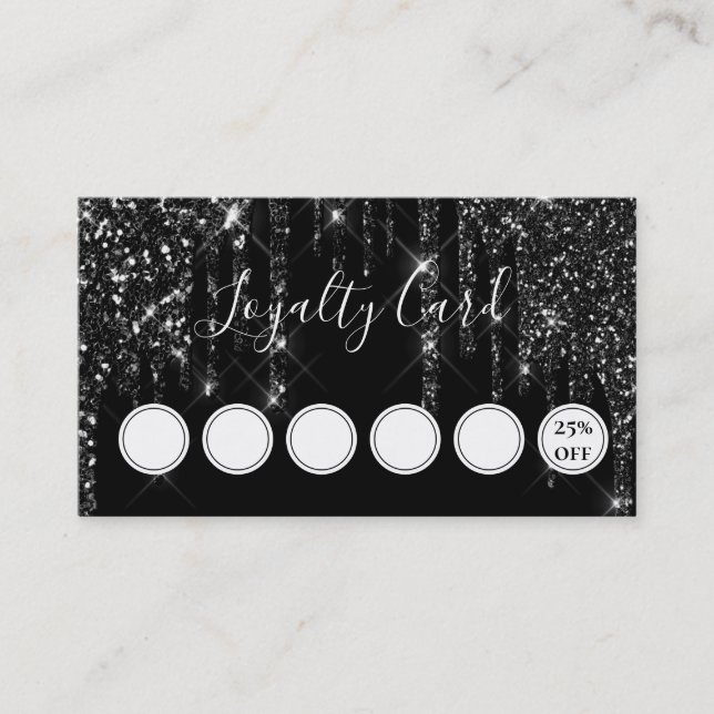 Elegant Black Glitter Drips Loyalty Card (Front)