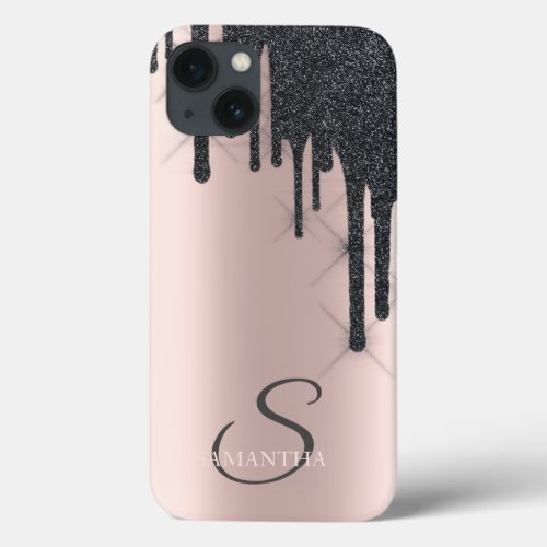 Elegant Black Glitter Drips Rose Gold iPhone 13 Case