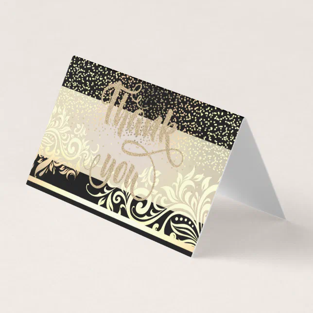 Elegant Black,Glitter Gold Confetti Thank You Card | Zazzle