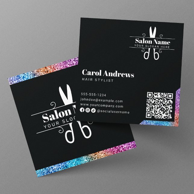 Elegant Black & Glitter Hair Stylist Qr Code Logo Square Business Card (Creator Uploaded)