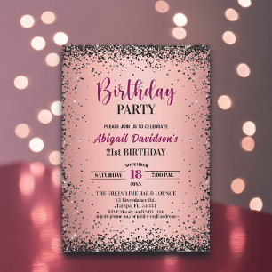 Elegant Black Glitter Metallic Pink 21st Birthday Invitation