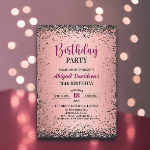 Elegant Black Glitter Metallic Pink 26th Birthday Invitation