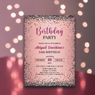 Elegant Black Glitter Metallic Pink 34th Birthday Invitation