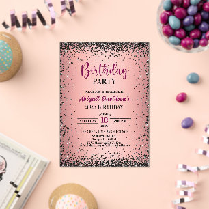 Elegant Black Glitter Metallic Pink 38th Birthday Acrylic Invitations