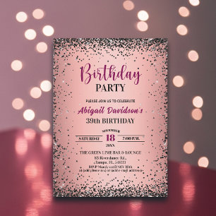 Elegant Black Glitter Metallic Pink 39th Birthday Invitation