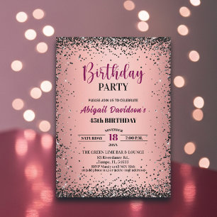 Elegant Black Glitter Metallic Pink 45th Birthday Invitation