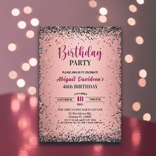 Elegant Black Glitter Metallic Pink 46th Birthday Invitation