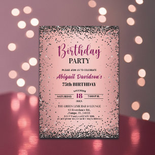 Elegant Black Glitter Metallic Pink 75th Birthday Invitation