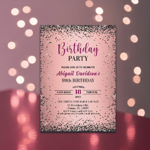 Elegant Black Glitter Metallic Pink 99th Birthday Invitation