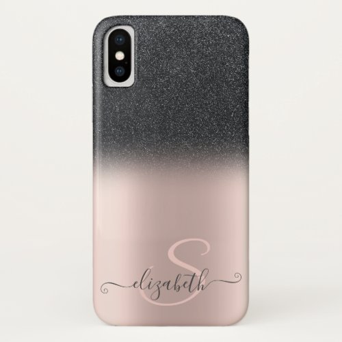 Elegant Black Glitter Ombre Rose Gold Monogram iPhone X Case