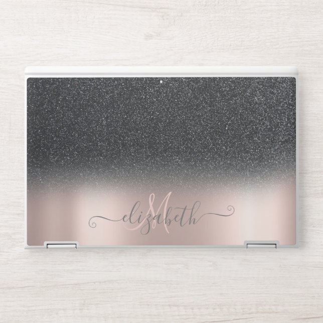 Elegant Black Glitter Ombre Rose Gold Monogram HP Laptop Skin (Front)