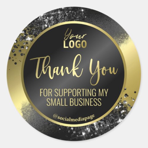 Elegant Black Glitter On Gold Foil Thank You Logo Classic Round Sticker