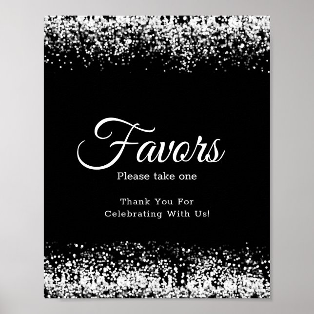 Elegant Black Glitter Silver Wedding Favor Sign (Front)