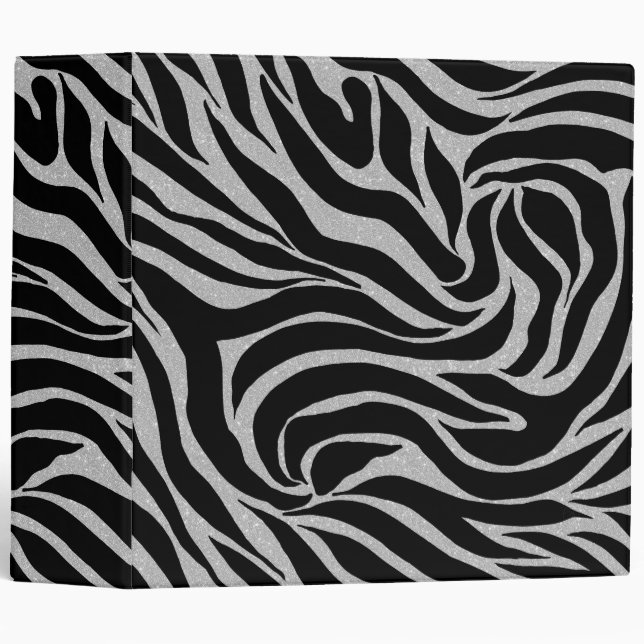 Elegant Black Glitter Silver Zebra Animal Print 3 Ring Binder (Front/Spine)