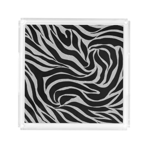 Elegant Black Glitter Silver Zebra Animal Print Acrylic Tray