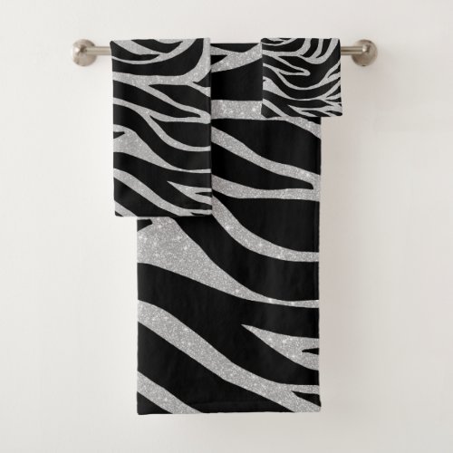 Elegant Black Glitter Silver Zebra Animal Print Bath Towel Set