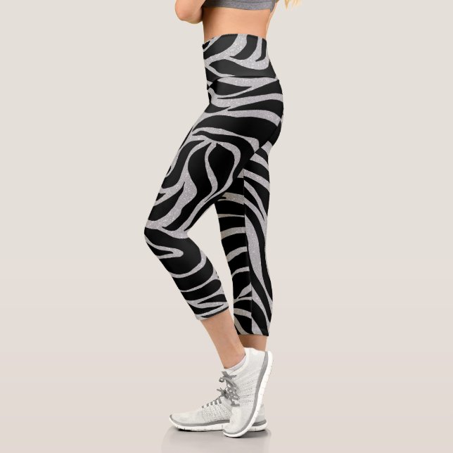 Elegant Black Glitter Silver Zebra Animal Print Capri Leggings (Left)