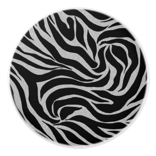 Elegant Black Glitter Silver Zebra Animal Print Ceramic Knob