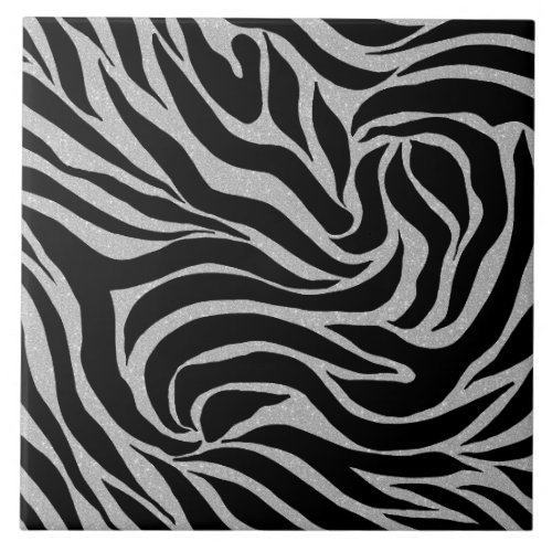 Elegant Black Glitter Silver Zebra Animal Print Ceramic Tile