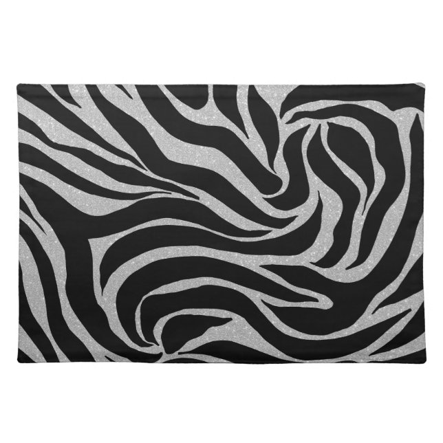 Elegant Black Glitter Silver Zebra Animal Print Cloth Placemat (Front)