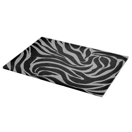 Elegant Black Glitter Silver Zebra Animal Print Cutting Board