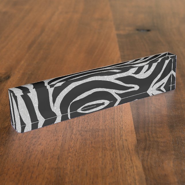 Elegant Black Glitter Silver Zebra Animal Print Desk Name Plate (Side)