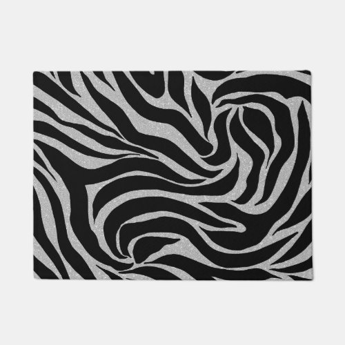 Elegant Black Glitter Silver Zebra Animal Print Doormat