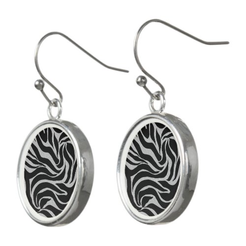 Elegant Black Glitter Silver Zebra Animal Print Earrings