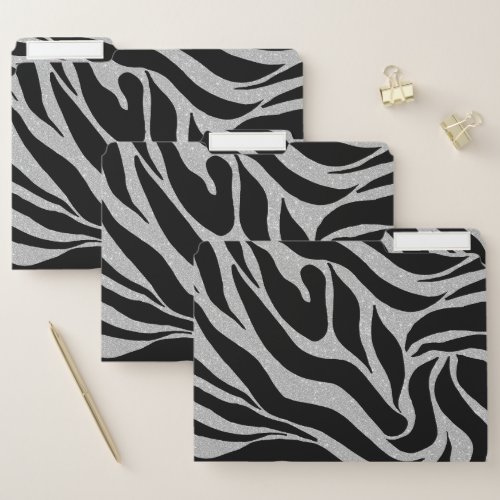 Elegant Black Glitter Silver Zebra Animal Print File Folder