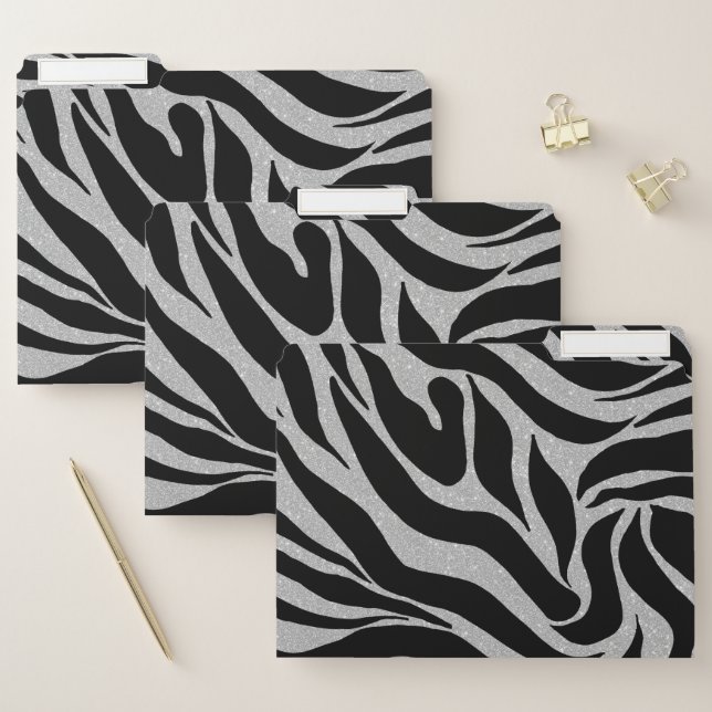 Elegant Black Glitter Silver Zebra Animal Print File Folder (Set)