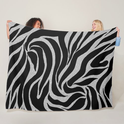 Elegant Black Glitter Silver Zebra Animal Print Fleece Blanket