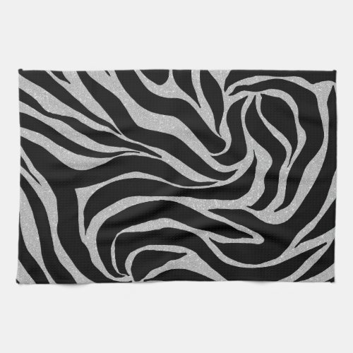 Elegant Black Glitter Silver Zebra Animal Print Kitchen Towel
