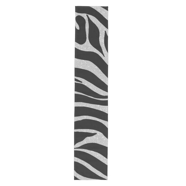 Elegant Black Glitter Silver Zebra Animal Print Medium Table Runner (Front)