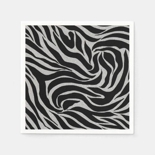 Elegant Black Glitter Silver Zebra Animal Print Napkins