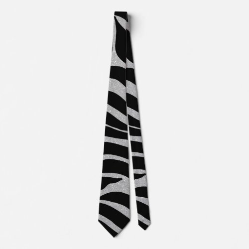 Elegant Black Glitter Silver Zebra Animal Print Neck Tie