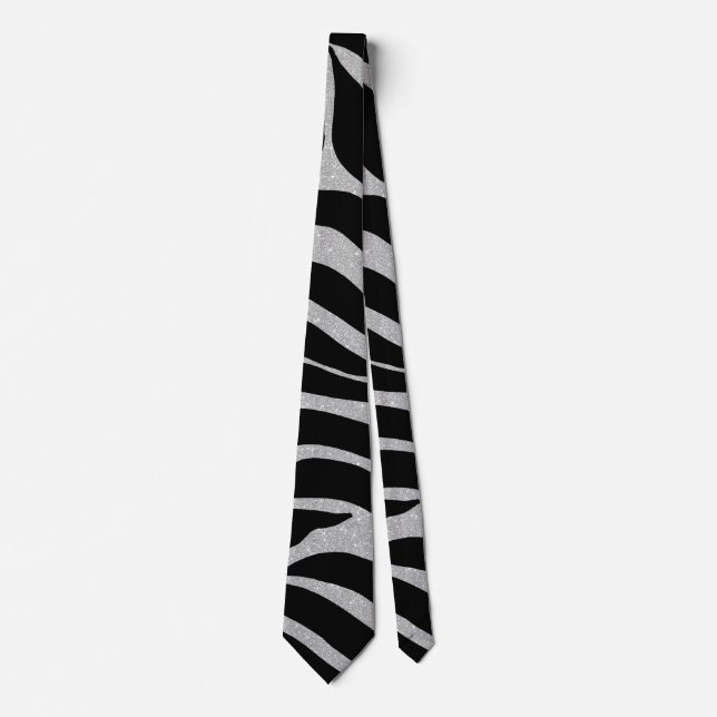 Elegant Black Glitter Silver Zebra Animal Print Neck Tie (Front)