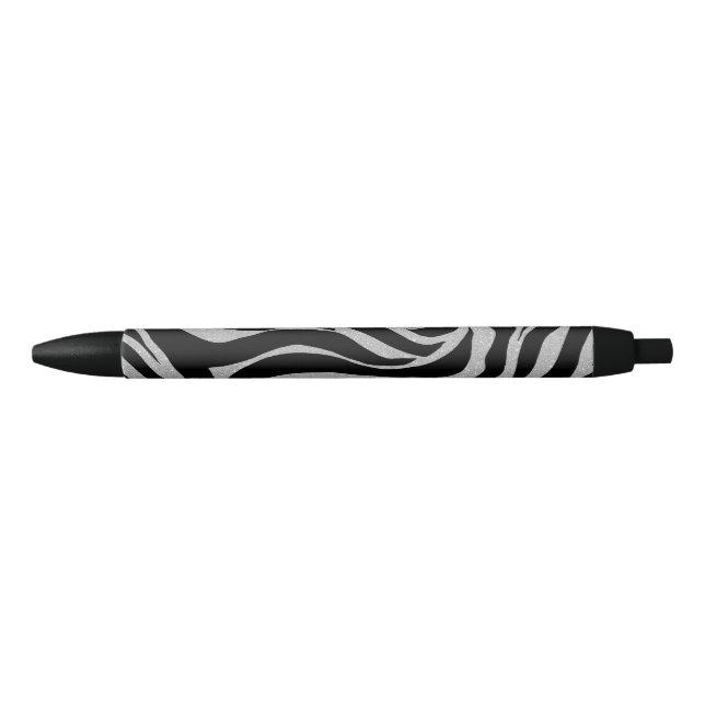 Elegant Black Glitter Silver Zebra Animal Print Pen (Front)