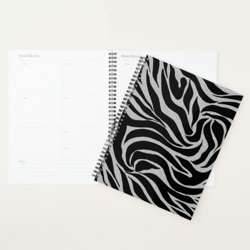 Elegant Black Glitter Silver Zebra Animal Print Planner